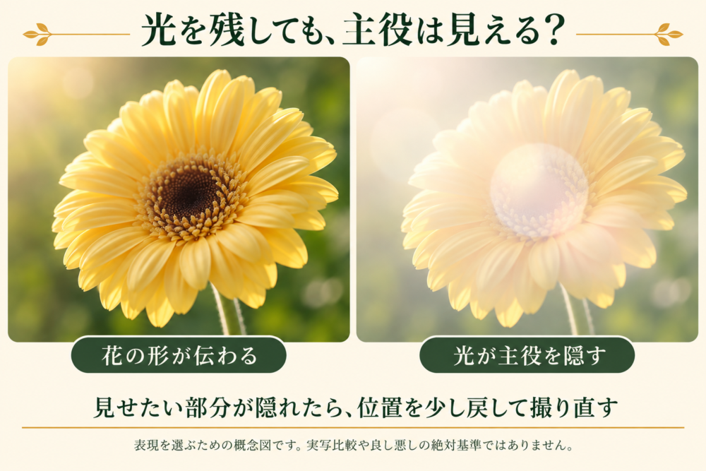 光をどこまで残せば主役が伝わるかを示す概念図