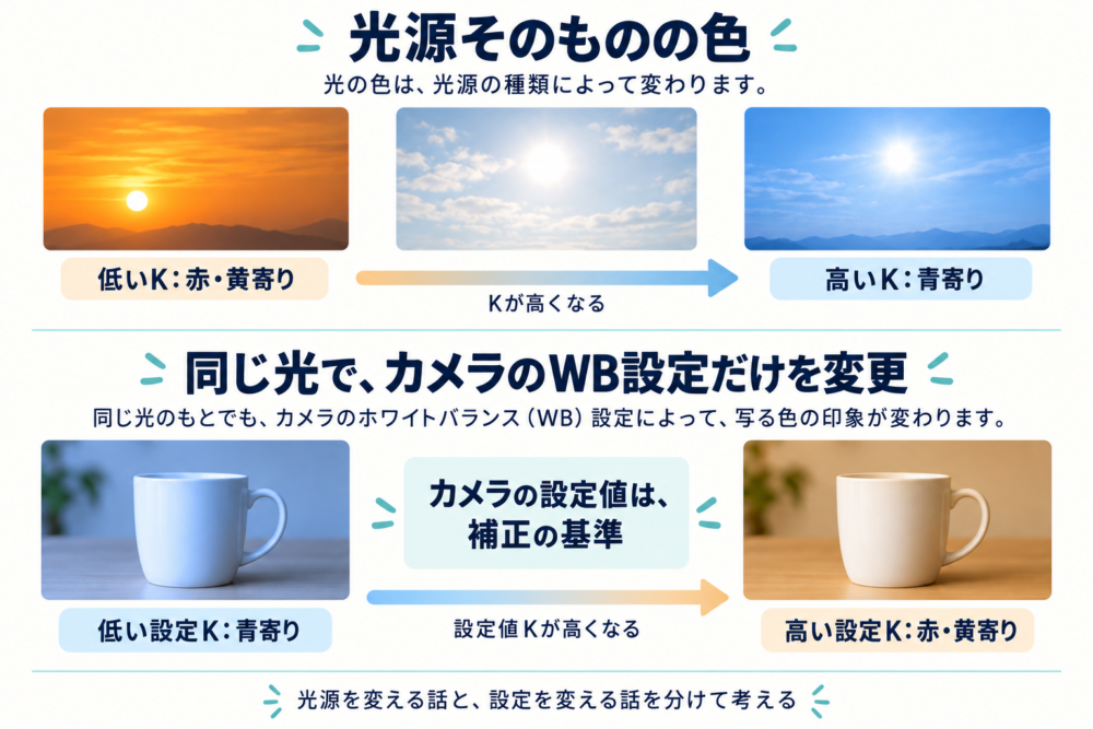 光源の色温度とWB設定値で色の変化する方向が異なることを示す図