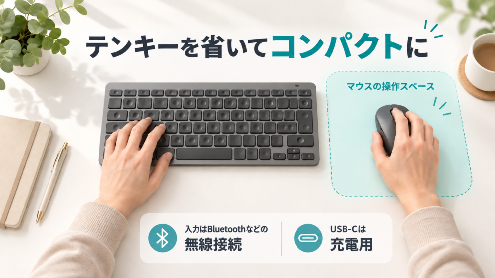 テンキーなしのキーボードと近くに置いたマウスの配置イメージ