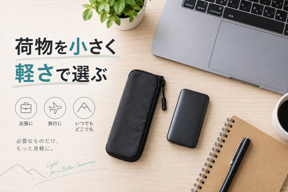 小型の黒いポータブルSSDをノートPCと持ち歩くイメージ