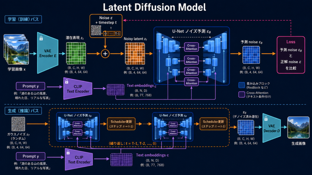 VAE Encoder・U-Net・Cross-Attention・VAE DecoderからなるLatent Diffusion architecture