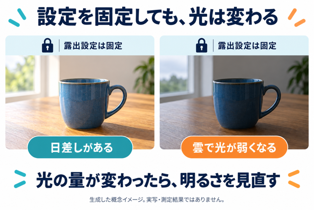 同じ露出設定で光が弱くなると暗く写るイメージ