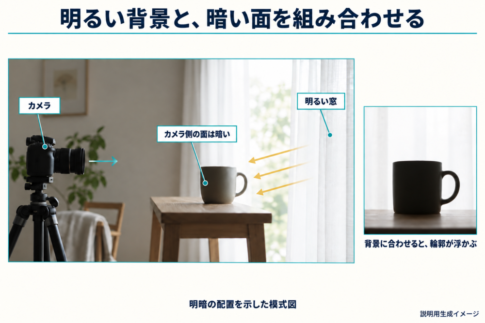 窓、カップ、カメラの配置とカメラ側の暗い面を示す図