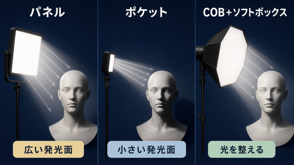 パネルライト、ポケットライト、COBライトの光の広がりと影の違い