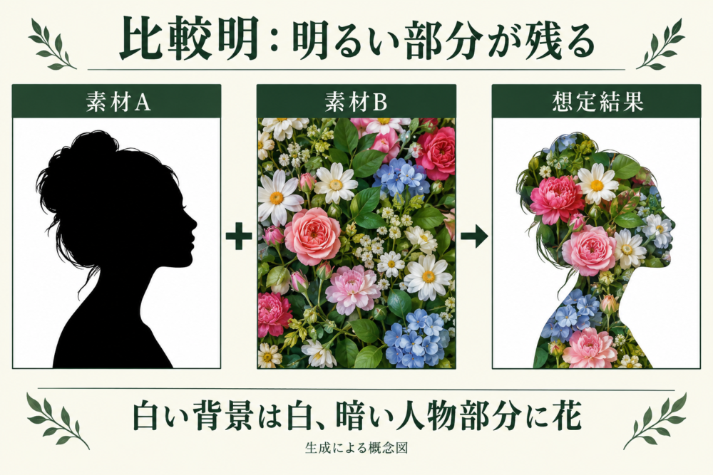 白い背景と暗い人物に花を比較明で重ねる想定図