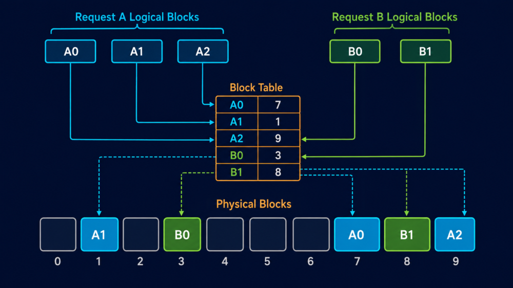 requestのlogical blockがblock tableを介して非連続なphysical blockへ対応する例