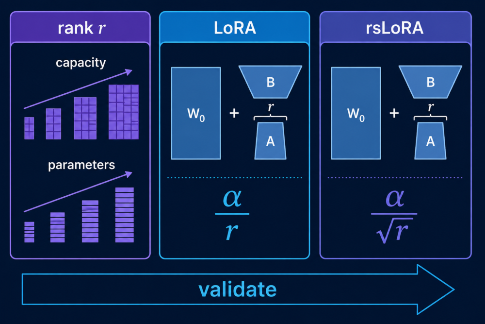 LoRAのrankとalphaが容量・scale・コストへ与える影響