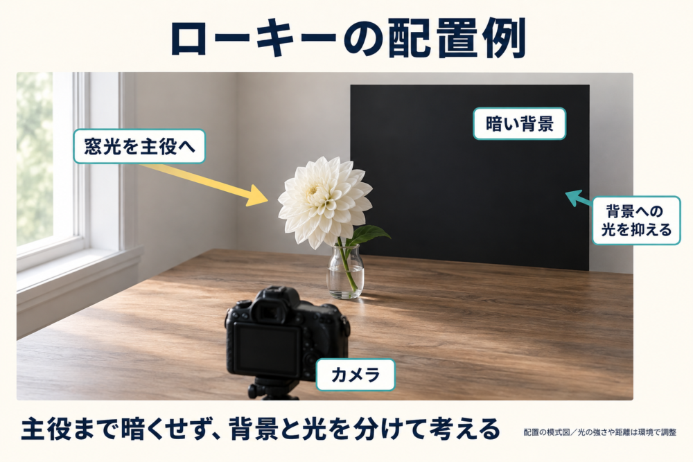 花へ窓光を当て、離した暗い背景を使うローキーの撮影配置
