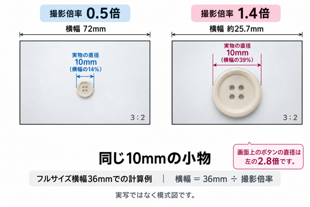 同じ10mmの小物を0.5倍と1.4倍で写したときの大きさの模式図