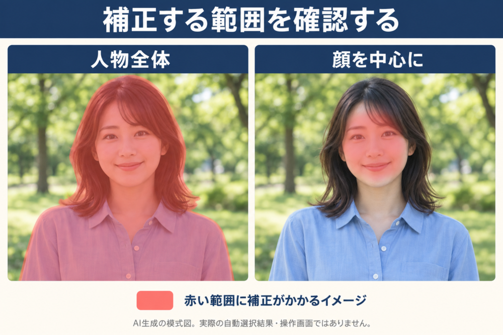 人物全体と顔中心では補正が及ぶ範囲が異なる模式図