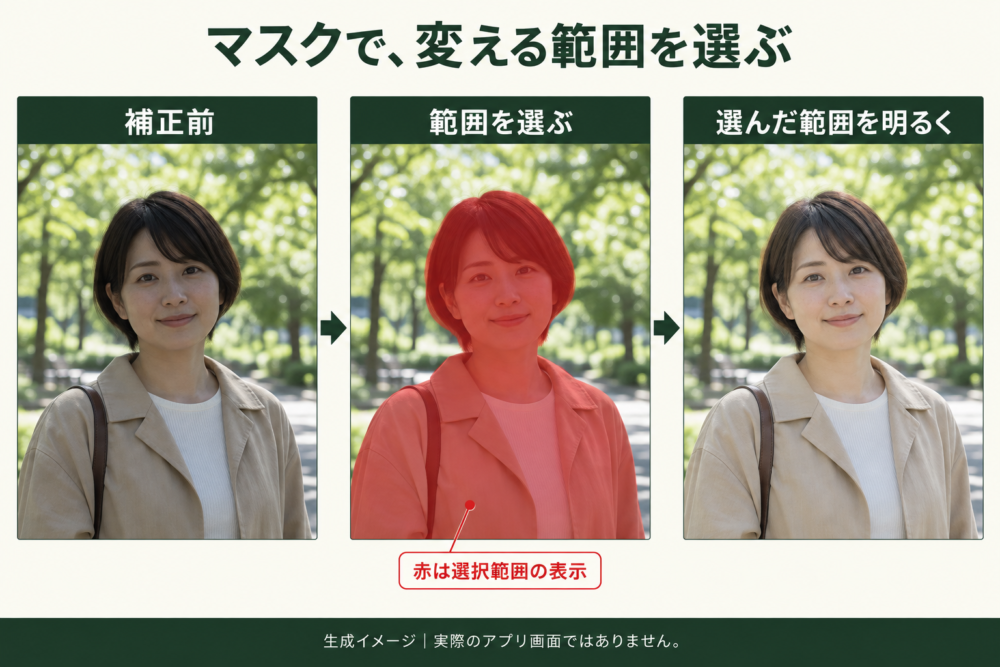 マスクで人物を選び背景を保って明るさを調整する概念図
