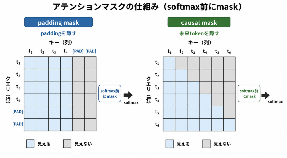 Padding MaskでPAD列を隠しCausal Maskで未来側を隠す違い