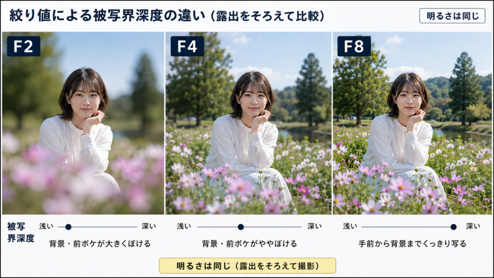 露出をそろえてF2・F4・F8の被写界深度を比較