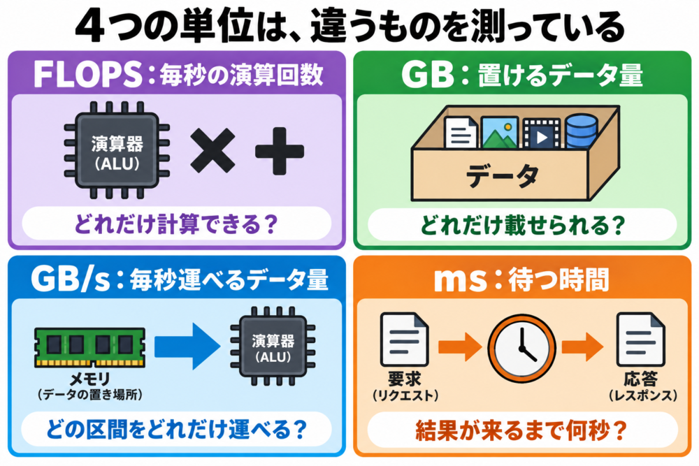演算回数・置ける量・毎秒運べる量・待つ時間を別々に示す図