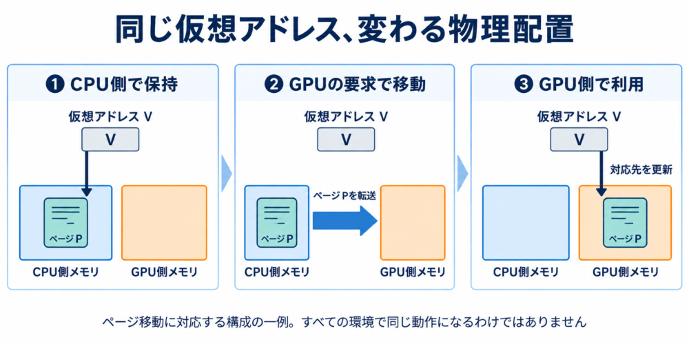 CPU側にあるページをGPU側へ移し、同じ仮想アドレスの参照先を更新する時系列