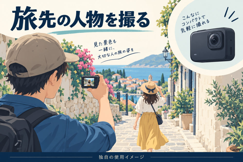 旅行先で同行者を小型カメラで撮影する使用イメージ