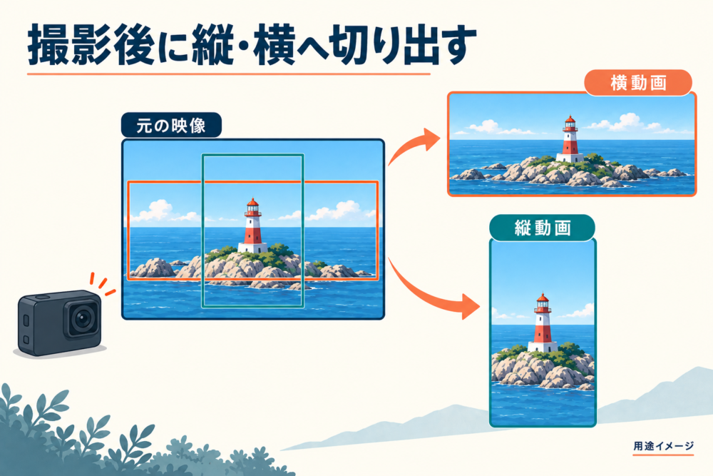 撮影素材から横動画と縦動画へ切り出す用途イメージ