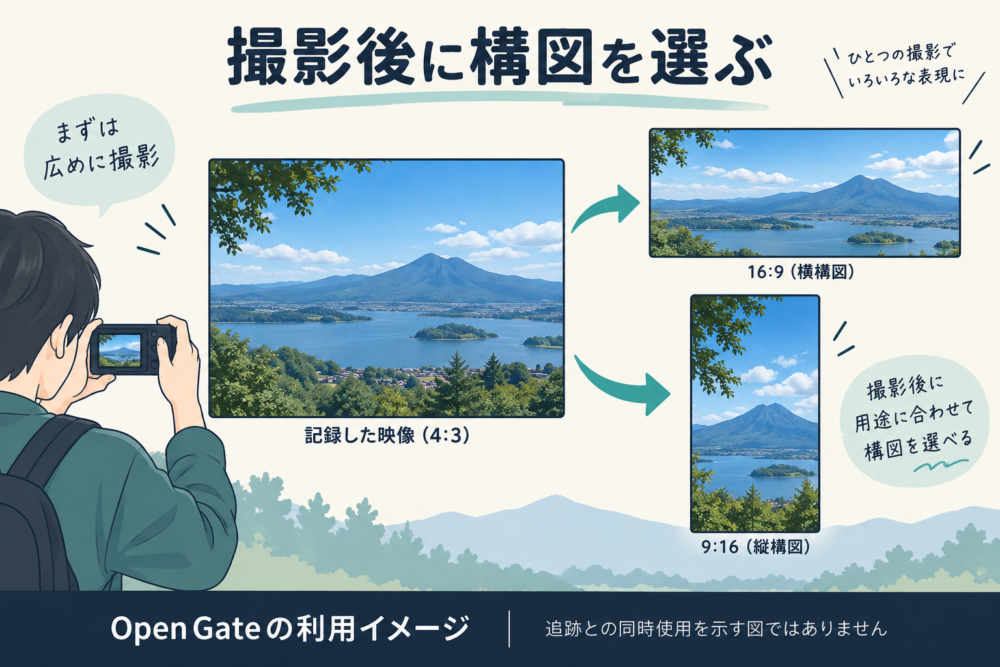 縦方向に余裕のある素材から縦横の動画へ構図を選ぶイメージ