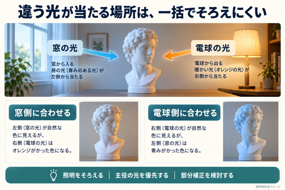 左の窓光と右の電球が白い対象へ別々に当たり、一括WBでは両側がそろわない例