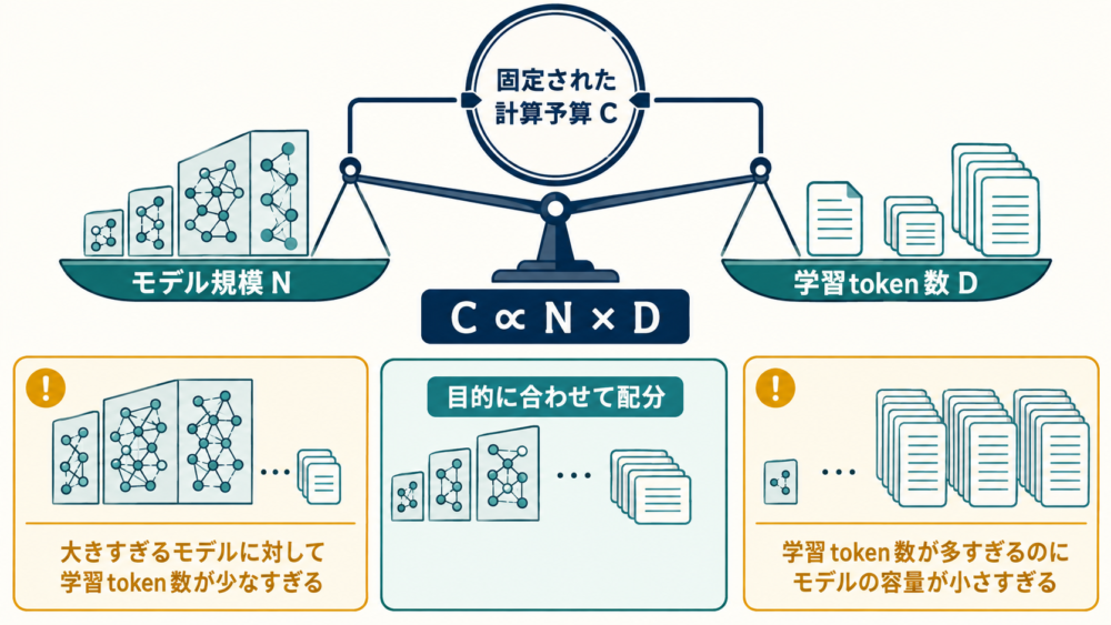 固定された計算予算をモデル規模と学習tokenへ配分する関係図