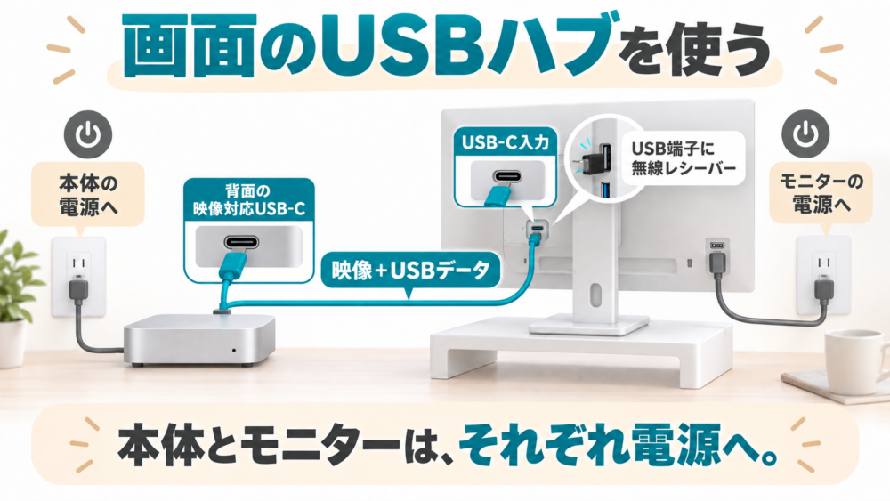 モニターとMacをUSB-Cでつなぎ、画面側のUSB端子を使う想定図
