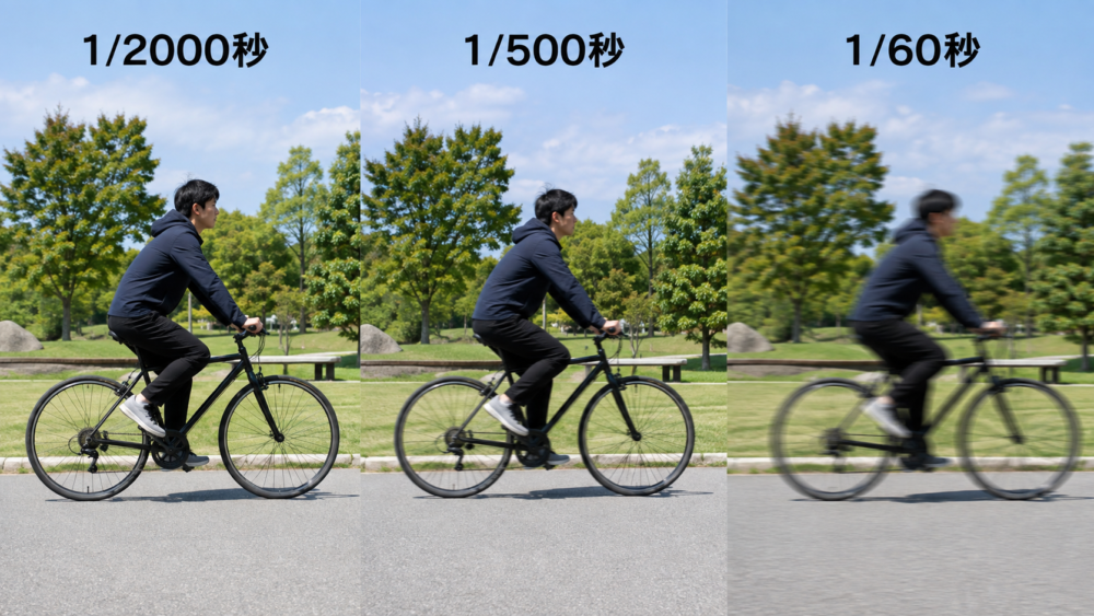 同じ自転車を速い・中間・遅いシャッタースピードで比較した概念作例