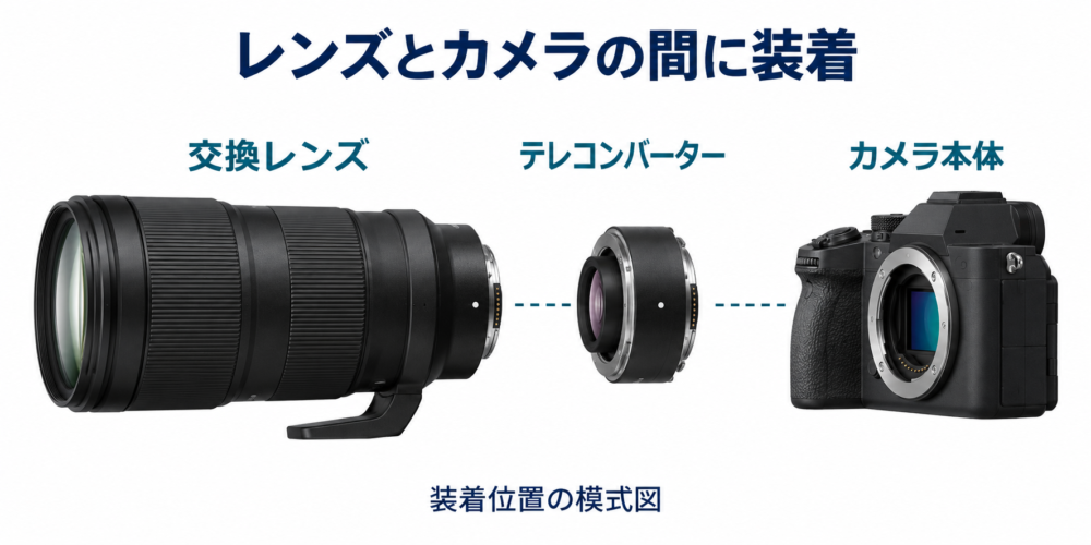 交換レンズとカメラ本体の間にテレコンバーターを装着する位置の模式図
