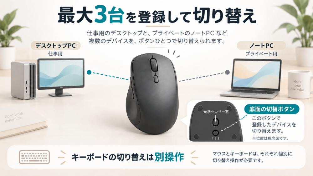 グラファイトのマウスを底面ボタンでMacと別PCへ切り替える想定図
