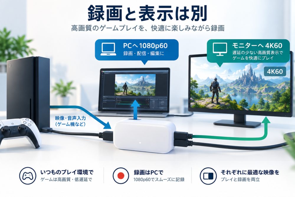 白い機器で1080p録画と4Kモニター表示を分けるイメージ
