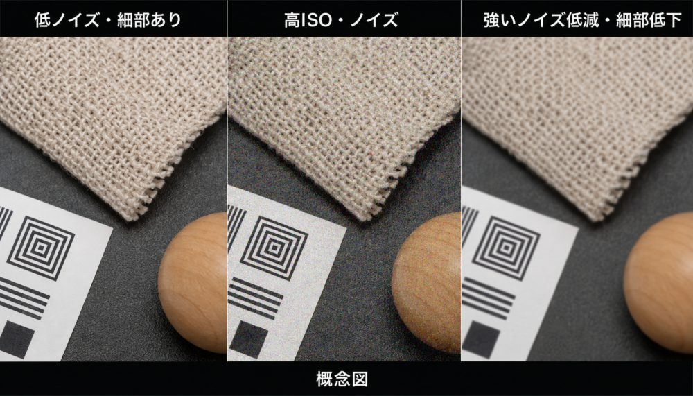 低ノイズ・高ISOノイズ・強いノイズ低減による細部損失の比較概念図