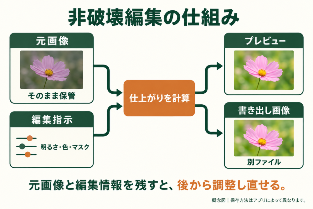 元画像と編集指示を保存し別ファイルへ書き出す非破壊編集の図