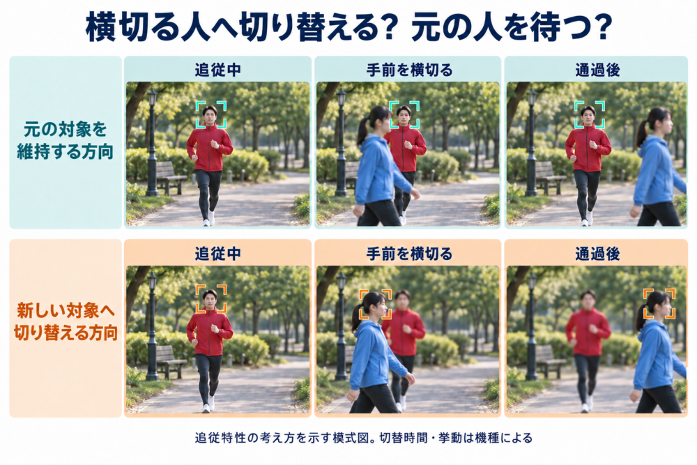 手前の人物が横切った際に元のランナーを維持するか、手前へ切り替えるかの比較
