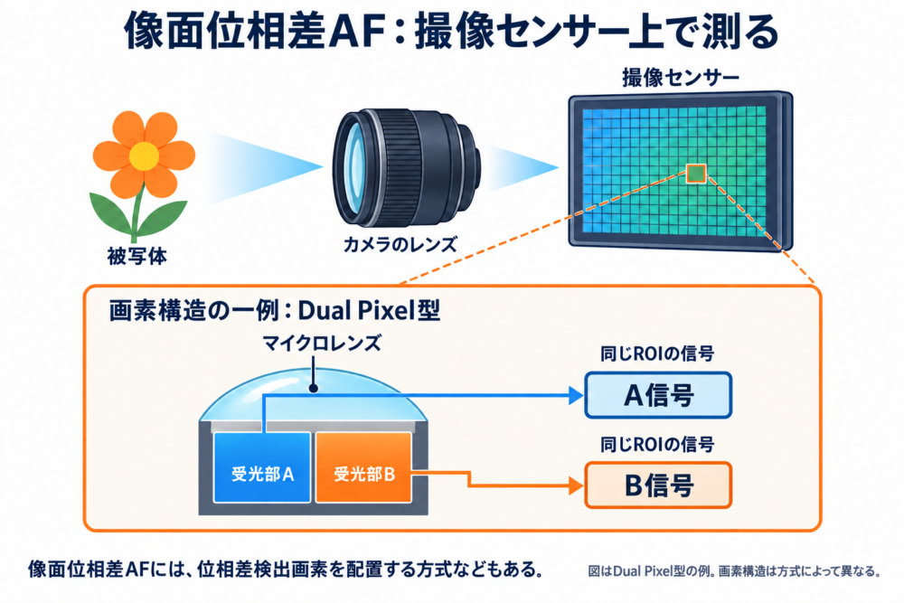 撮像センサー上からAF用のAとBの信号を取り出す像面位相差AFの概念図