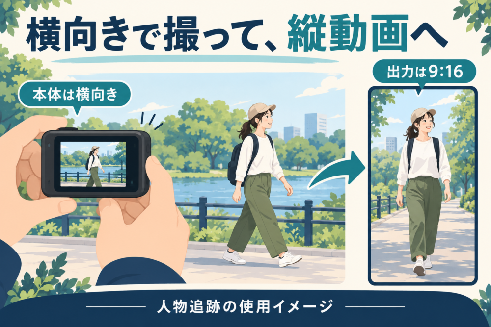 横向きのカメラで人物を撮り縦長動画を出力する使用イメージ
