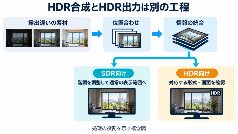 HDR合成後にSDR向けの階調調整とHDR向けの出力へ分かれる流れ