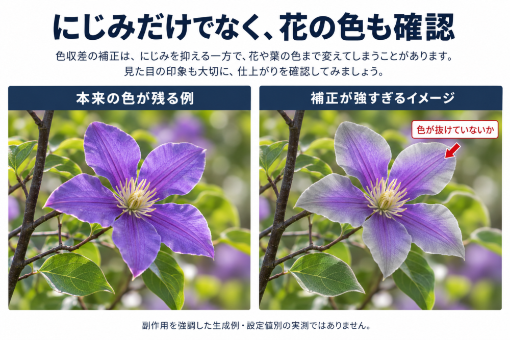 紫の花の本来の色が残った状態と、補正によって縁が灰色になった説明例