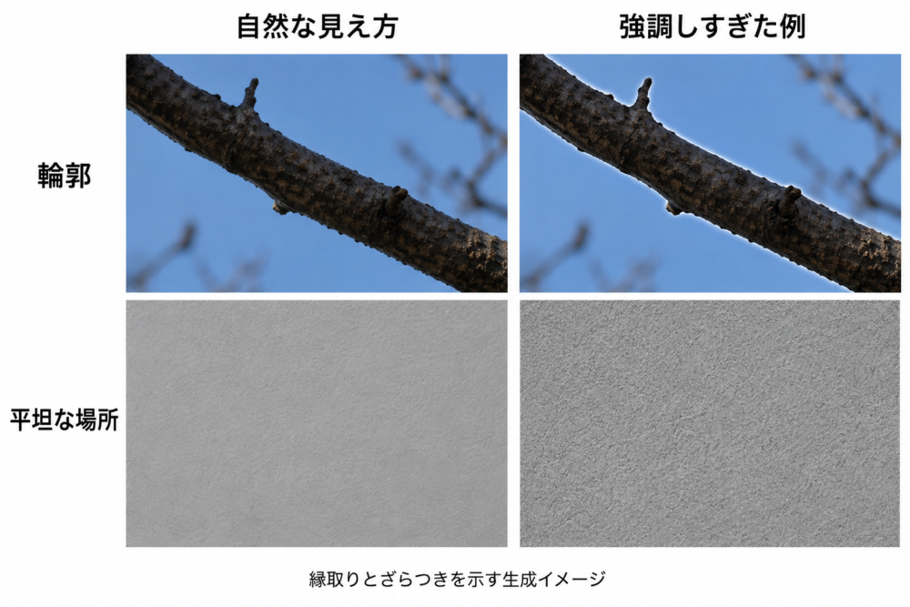 枝の縁取りと平坦な壁のざらつきが強まる見え方を示す生成例
