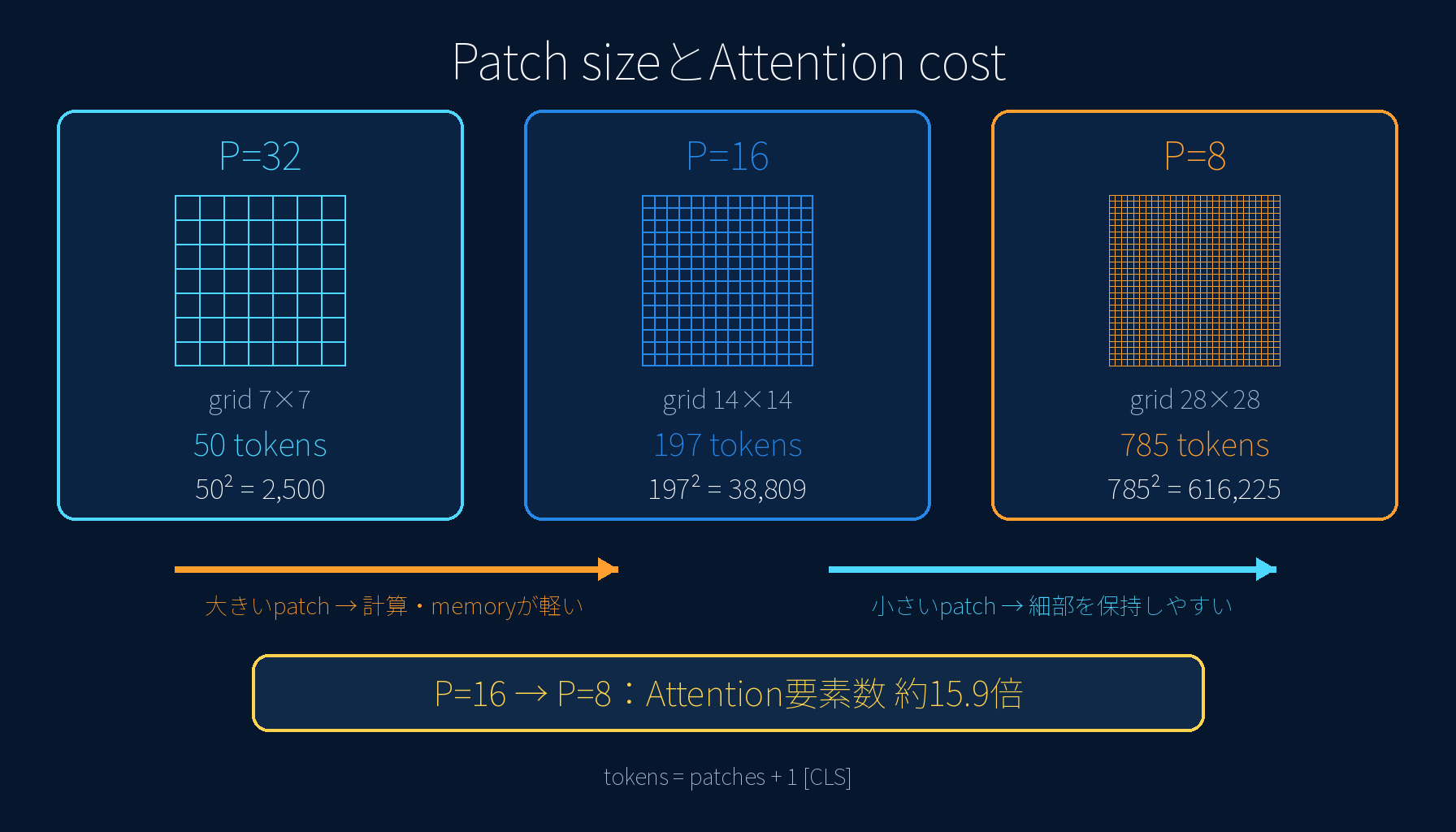 ViTのパッチサイズ32、16、8におけるトークン数とAttention計算量の比較