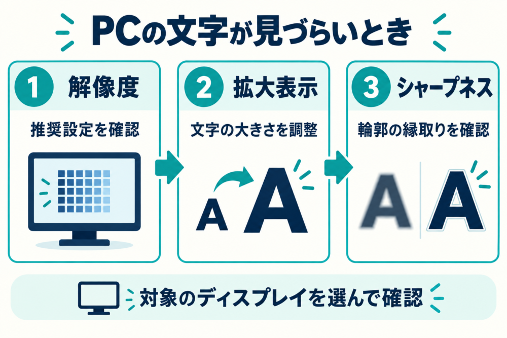 PCの解像度、拡大表示、モニターのシャープネスの順に確認する概念図