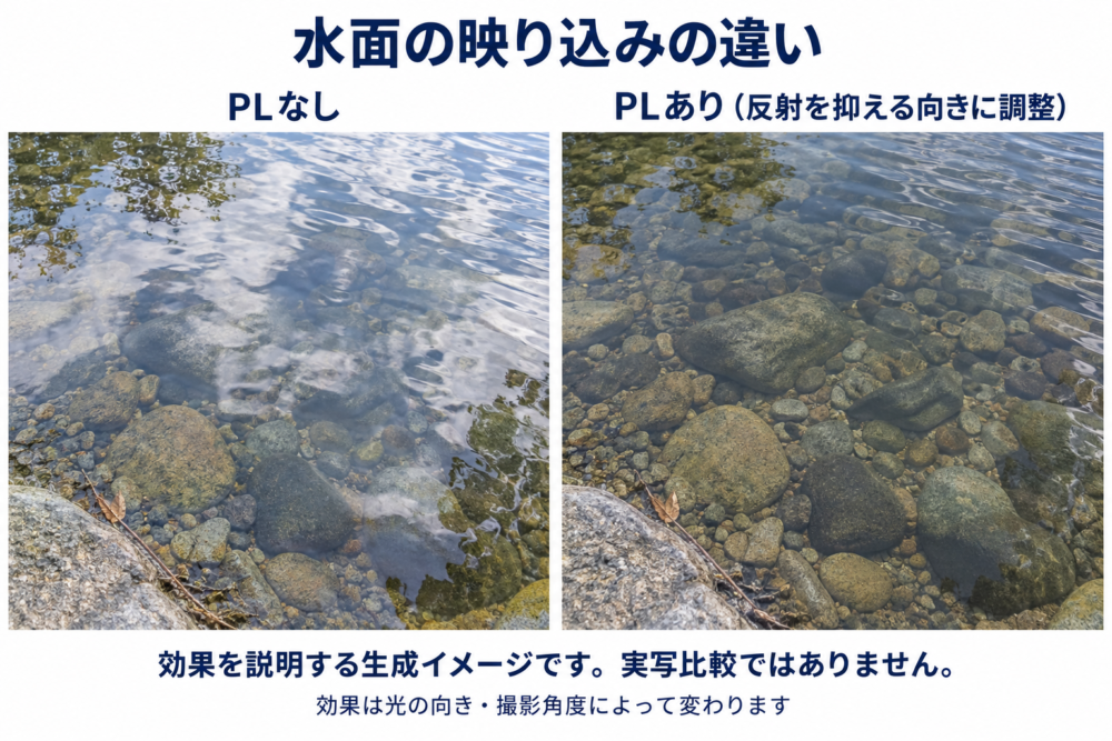 PLの有無で水面の映り込みと水中の石の見え方が変わる例を示す生成イメージ