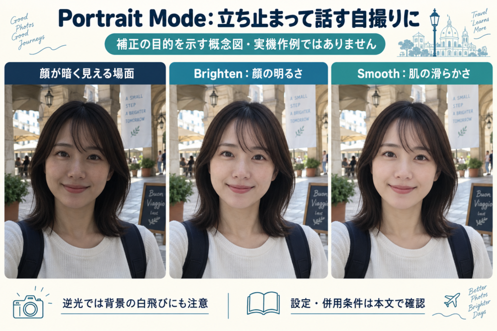 自撮りで顔の明るさと肌の滑らかさを調整する目的を示す概念図