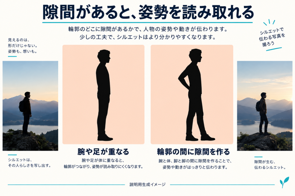 腕と体の隙間によって人物の形が読み取りやすくなる比較