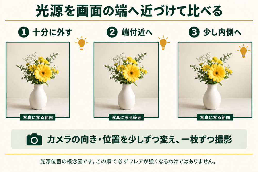 光源をどこへ動かして比較するかを示す概念図