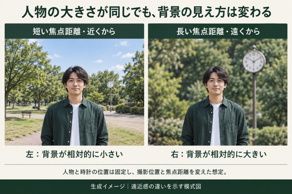 人物の大きさをそろえて撮影位置を変えると背景の時計の大きさが変わる模式図