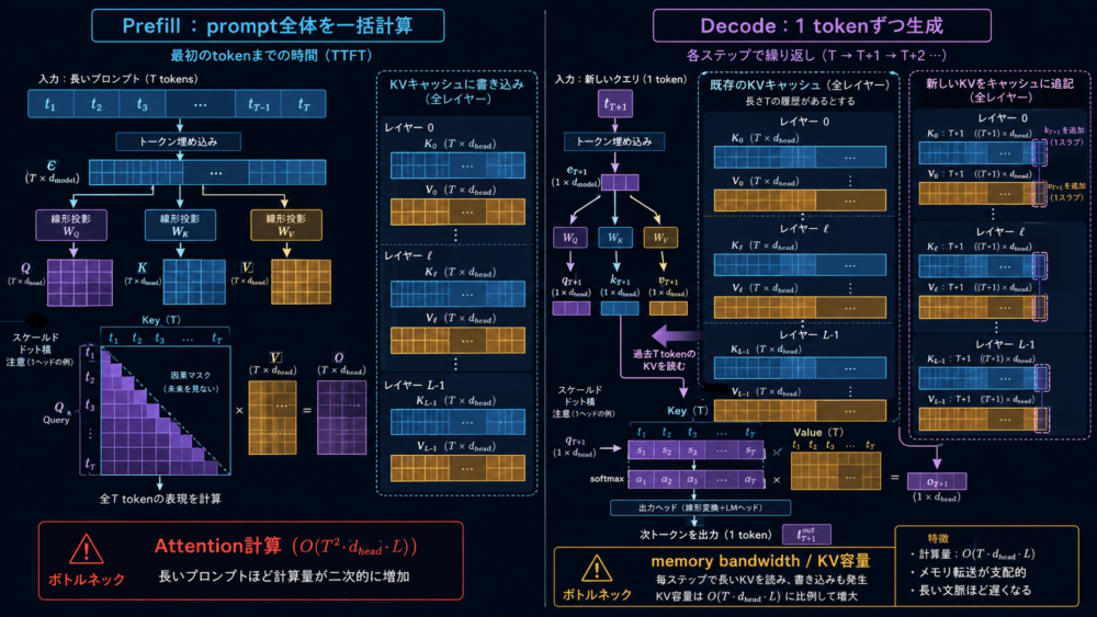 prefillが長い入力をmatrix計算し、decodeが1 tokenずつ増えるKV Cacheを読む違い