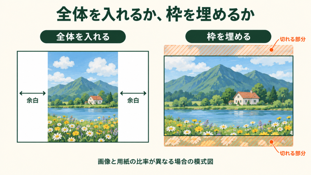 全体を残して余白を設ける配置と、紙を埋めて上下が切れる配置