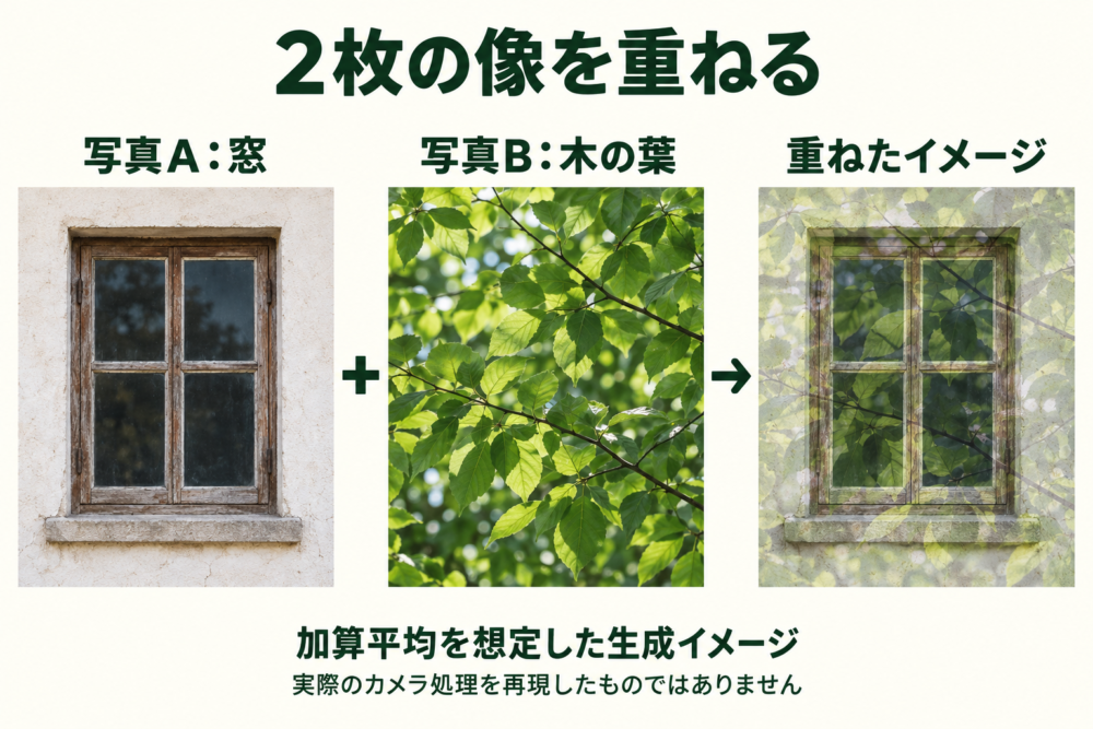 窓と木の葉の2枚を重ねる過程を示す生成図