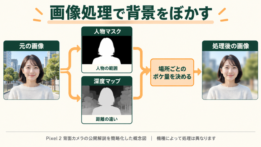 人物領域と距離の推定から画像の場所ごとのボケ量を決める概念図