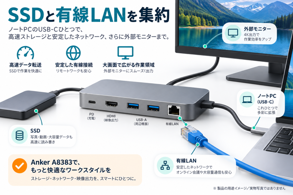 SSDと有線LANをまとめる用途イメージ