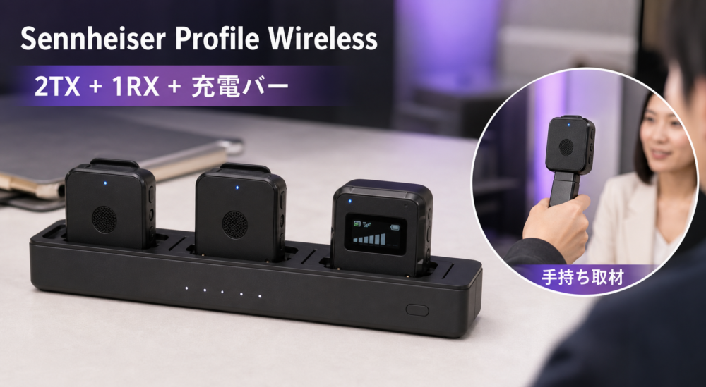 Profile Wirelessの充電バーとハンドマイク取材イメージ